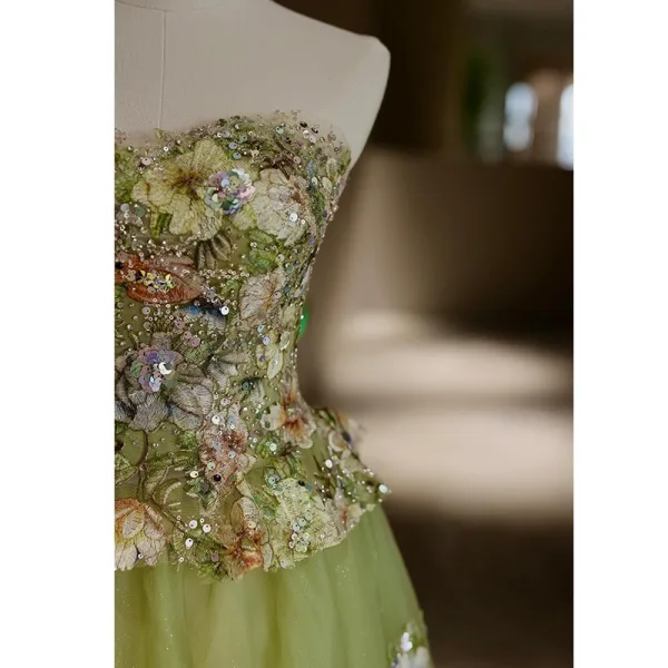 Flower Fairy Sage Green Sequins Lace Flower Prom Dresses 2025 A-Line / Princess Strapless Sleeveless Backless Floor-Length / Long Formal Dresses