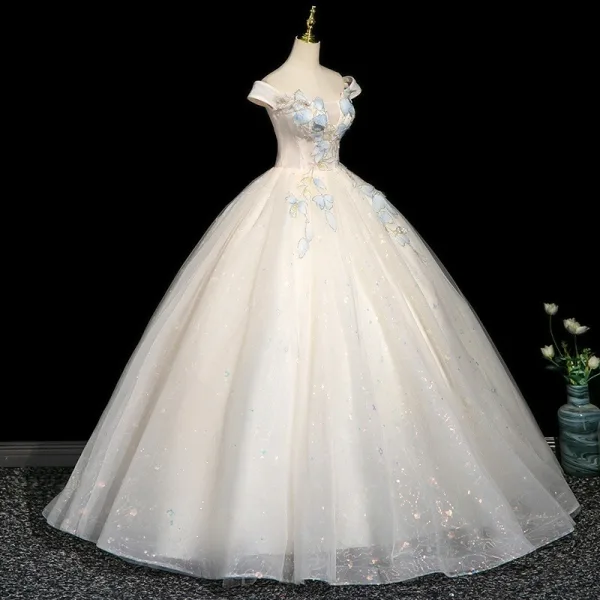 Charming Champagne Beading Appliques Prom Dresses 2025 A-Line / Princess Off-The-Shoulder Short Sleeve Backless Floor-Length / Long Formal Dresses