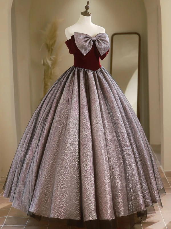 Elegant Burgundy Prom Dresses 2024 Ball Gown Strapless Bow Sleeveless Backless Floor-Length / Long Prom Formal Dresses
