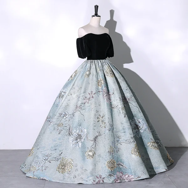 Elegant Sequins Flower Black Prom Dresses 2023 Ball Gown Off-The-Shoulder Short Sleeve Backless Floor-Length / Long Prom Formal Dresses