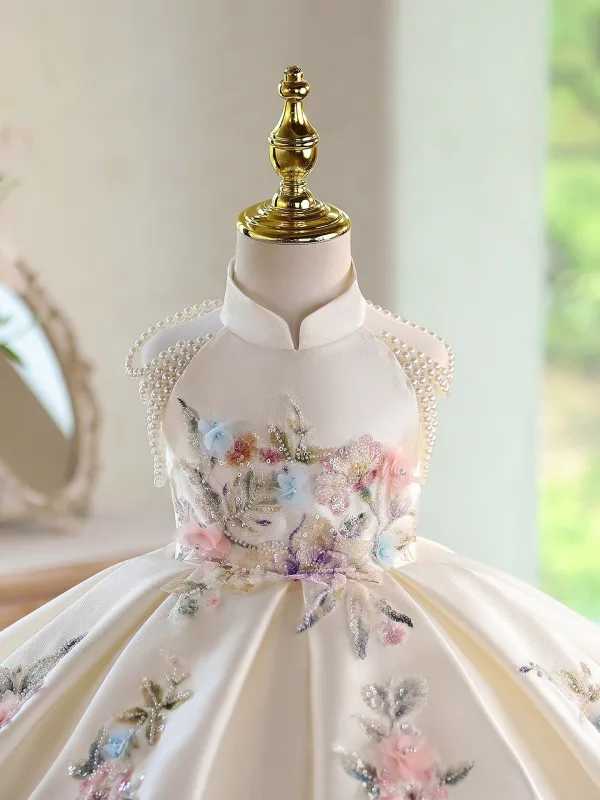 Vintage / Retro Ivory Appliques Beading Pearl Sequins Birthday Flower Girl Dresses 2026 Ball Gown Sleeveless Backless Short