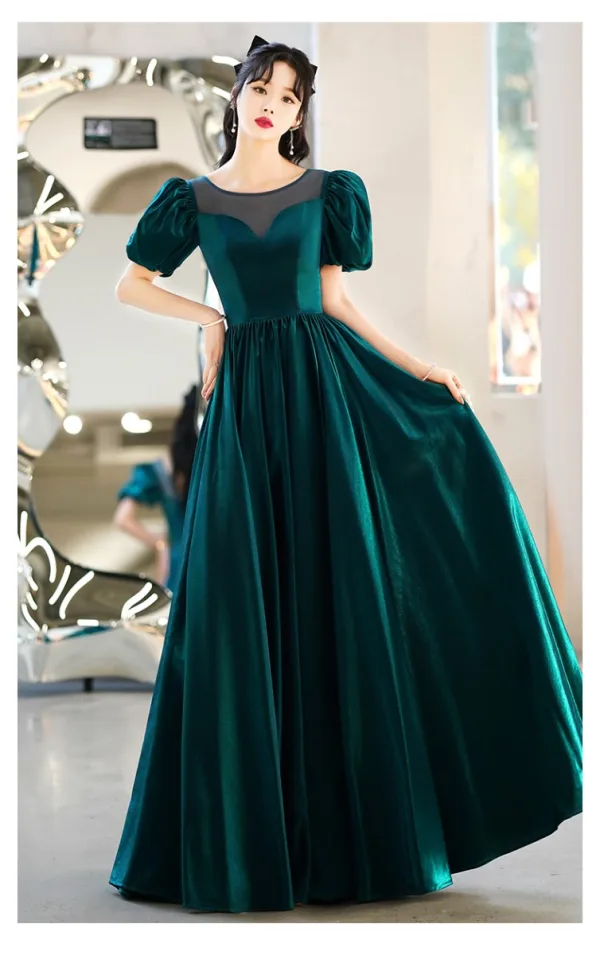 Vintage / Retro Dark Green Prom Dresses 2022 A-Line / Princess Scoop Neck Short Sleeve Backless Floor-Length / Long Prom Formal Dresses