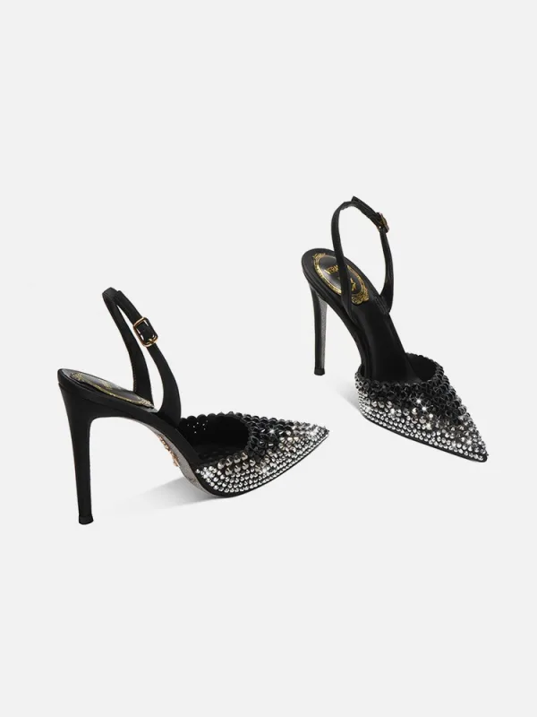 Sexy Black Gold Rhinestone Evening Party Womens Sandals 2024 10 cm Stiletto Heels Pointed Toe Sandals High Heels