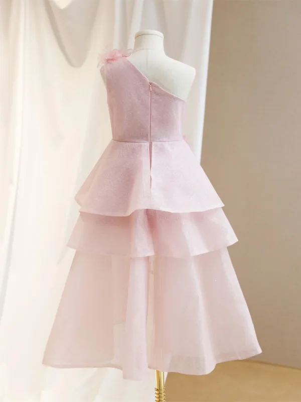 Modest / Simple Blushing Pink Appliques Short Birthday Flower Girl Dresses 2024 A-Line / Princess One-Shoulder Sleeveless Backless Tulle