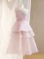 Modest / Simple Blushing Pink Appliques Short Birthday Flower Girl Dresses 2024 A-Line / Princess One-Shoulder Sleeveless Backless Tulle