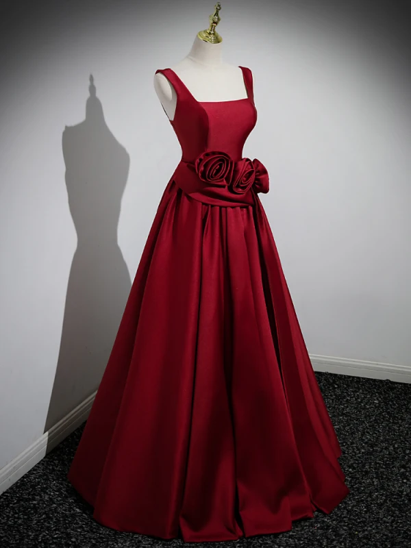 Chic / Belle Bordeaux Satin Fleur Robe De Bal 2023 Princesse Encolure Carrée Sans Manches Dos Nu Longue Robe De Ceremonie