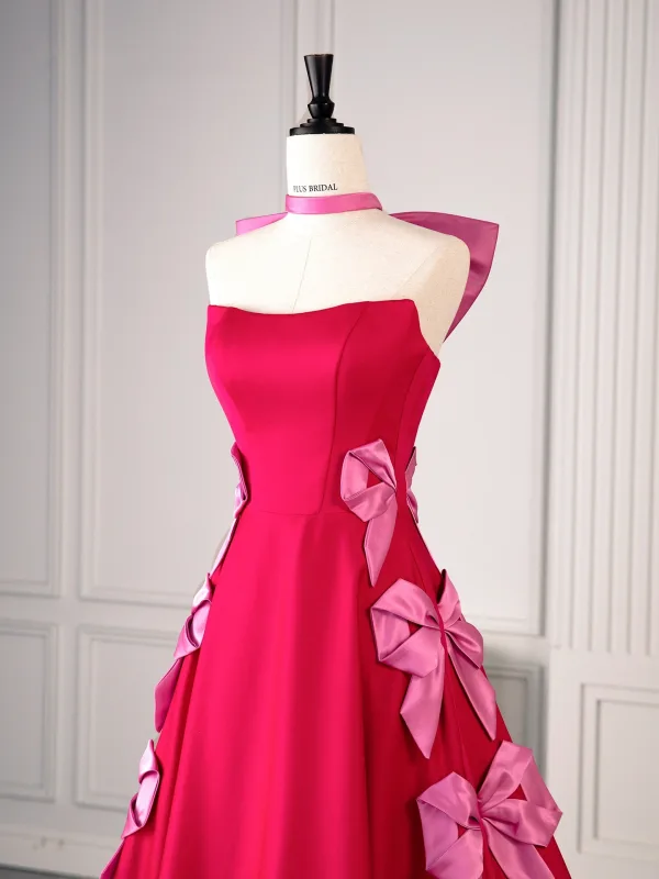 Charmant Fushia Noeud Satin Robe De Bal 2025 Robe Boule Bustier Sans Manches Dos Nu Train De Balayage Robe De Ceremonie