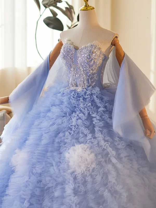 Charmant Bleu Ciel Volants en Cascade Perlage Paillettes Robe De Bal 2025 Robe Boule Bustier Sans Manches Dos Nu Train De Balayage Promo Robe De Ceremonie