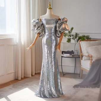 Sparkly Silver Sequins Prom Dresses 2024 Trumpet Mermaid Strapless Short Sleeve Backless Floor Length Long Prom Formal Dresses