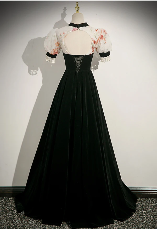 Chinese style Black Pearl Flower Velvet Prom Dresses Cheongsam 2023 A-Line / Princess High Neck Short Sleeve Backless Floor-Length / Long Prom Formal Dresses
