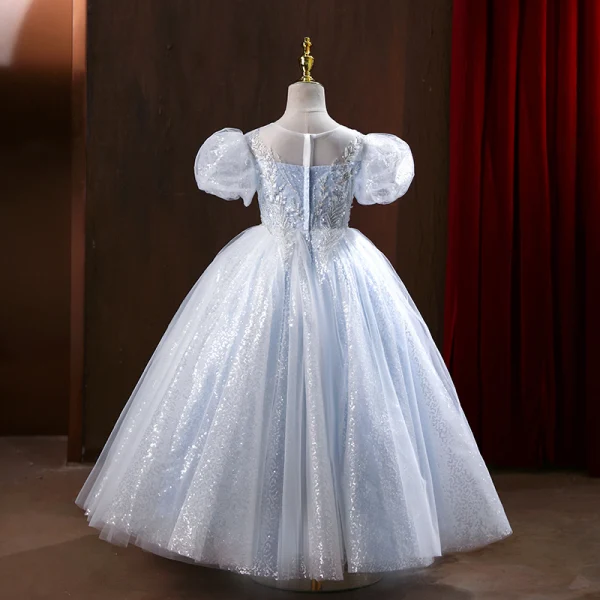 Bling Bling Silver Beading Sequins Flower Girl Dresses Ball Gown 2022 Scoop Neck Puffy Short Sleeve Floor-Length / Long Prom Flower Girl Dresses