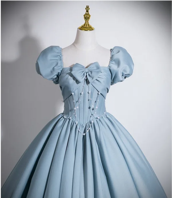 Élégant Bleu Ciel Noeud Robe De Bal 2026 Robe Boule Encolure Carrée Gonflée Manches Courtes Dos Nu Longue Robe De Ceremonie