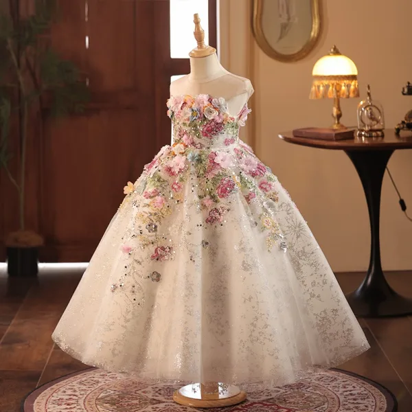 Flower Fairy Beige Pearl Sequins Appliques Tea-length Flower Girl Dresses  2024 Ball Gown Scoop Neck