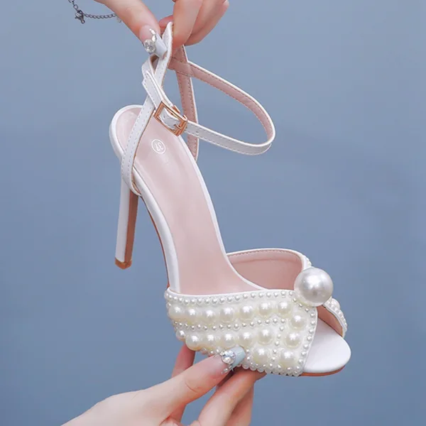 Elegant White Pearl Wedding Shoes 2024 Ankle Strap 11 cm Stiletto Heels Open / Peep Toe Wedding Sandals High Heels