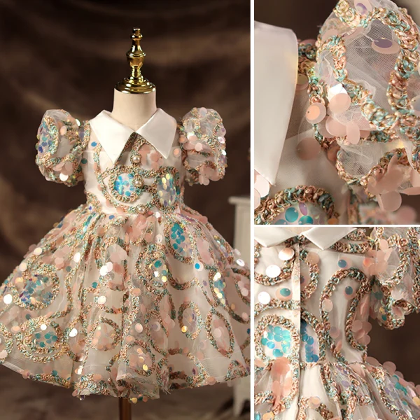 Chic / Beautiful Blushing Pink Beading Pearl Sequins Flower Girl Dresses 2022 Ball Gown V-Neck Puffy Short Sleeve Short Prom Flower Girl Dresses