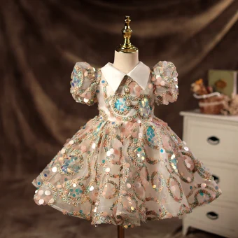 Chic Belle Rougissant Rose Perlage Perle Paillettes Robe Ceremonie Fille 2022 Robe Boule V Cou Gonflée Manches Courtes Courte Promo Robe Ceremonie Fille