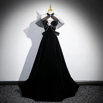 Chic Belle Noire Perlage Faux Diamant Velours Robe De Bal 2024 Robe Boule Titulaire Sans Manches Dos Nu Noeud Longue Promo Robe De Ceremonie