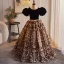 Vintage / Retro Black Printing Birthday Flower Girl Dresses 2024 Ball Gown Scoop Neck Puffy Short Sleeve Backless