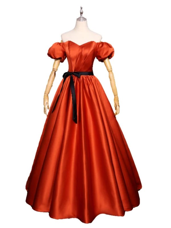 Elegant Orange Satin Prom Dresses 2024 A-Line / Princess Off-The-Shoulder Short Sleeve Backless Bow Sash Floor-Length / Long Prom Formal Dresses