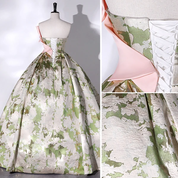 Fantaisie Vert Floral Satin Robe De Bal 2022 Robe Boule Bustier Noeud Sans Manches Dos Nu Longue Robe De Ceremonie