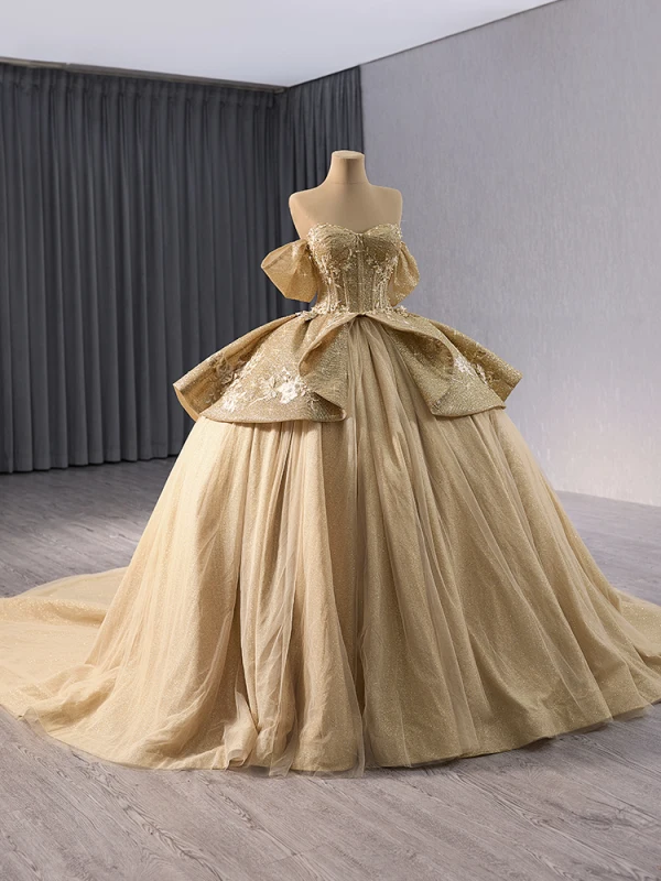Luxury / Gorgeous Sparkly Gold Glitter Sequins Pearl Lace Flower Prom Dresses 2024 Ball Gown Off-The-Shoulder Short Sleeve Backless Chapel Train