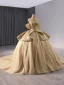Luxury / Gorgeous Sparkly Gold Glitter Sequins Pearl Lace Flower Prom Dresses 2024 Ball Gown Off-The-Shoulder Short Sleeve Backless Chapel Train