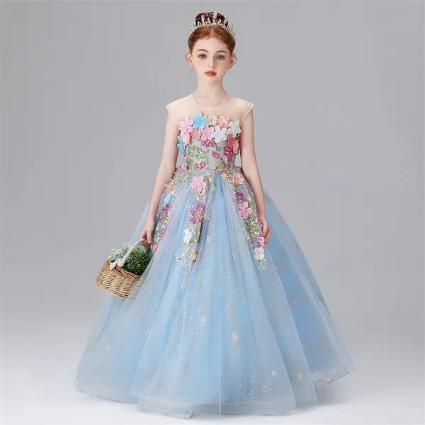 Flower Fairy Sky Blue Sequins Lace Flower Appliques Birthday Flower Girl Dresses 2025 Ball Gown Scoop Neck Sleeveless Floor-Length / Long