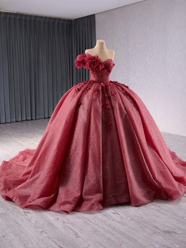 High-end Burgundy Appliques Pearl Sequins Prom Dresses 2024 Ball Gown Strapless Sleeveless Backless Chapel Train Tulle Prom Formal Dresses