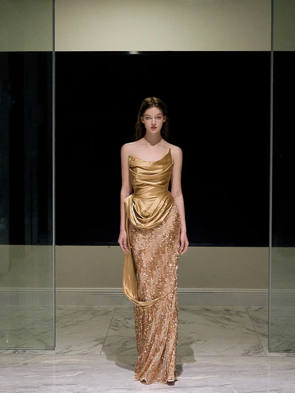 Fashion Gold Sequins Evening Dresses 2024 Trumpet / Mermaid Strapless Sleeveless Backless Floor-Length / Long Evening Party Formal Dresses