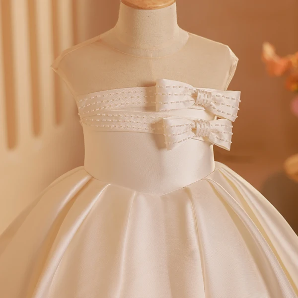 Elegant Ivory Satin Beading Bow Flower Girl Dresses 2024 Ball Gown Birthday Strapless Short Sleeve Backless Tea-length