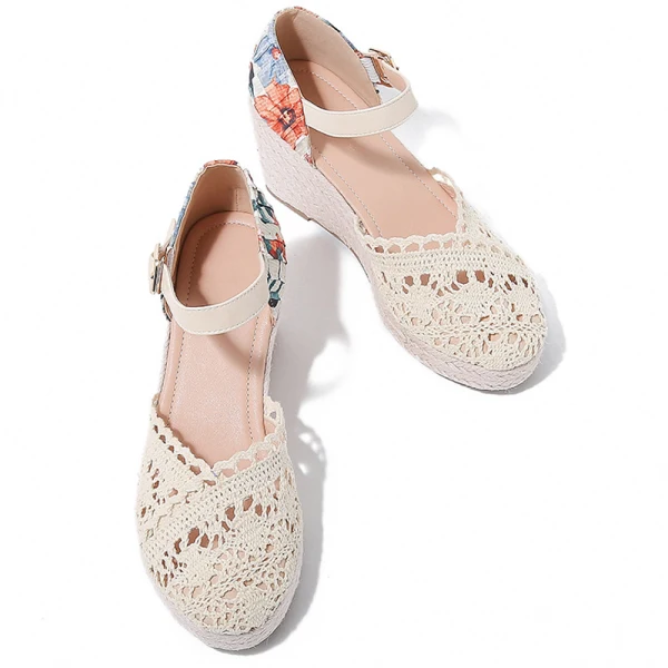 Fashion Summer Beige Street Wear Womens Sandals 2023 Ankle Strap 7 cm Wedges Round Toe Womens Shoes
