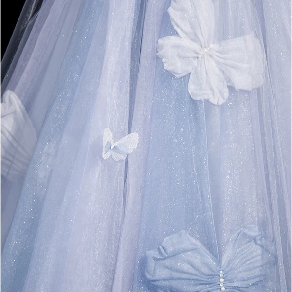 Elegant Sky Blue Butterfly Appliques Pearl Sequins Prom Dresses 2023 A-Line / Princess Off-The-Shoulder Sleeveless Backless Floor-Length / Long Prom Formal Dresses