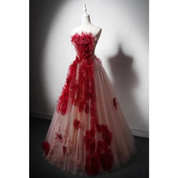 High-end Burgundy Beading Appliques Prom Dresses 2024 A-Line / Princess Strapless Sleeveless Backless Floor-Length / Long Prom Formal Dresses