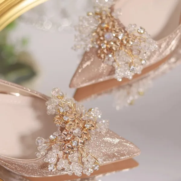 Charmant Champagner Glanz Strass Pailletten Brautschuhe 2023 8 cm Stilettos Spitzschuh Hochzeit Pumps Hochhackige