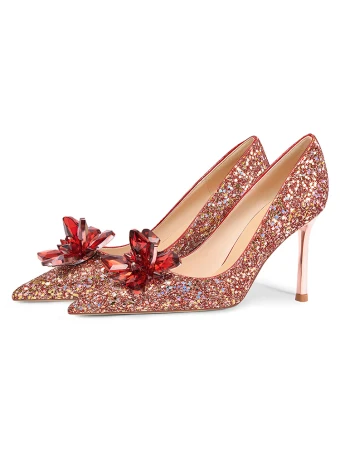 Charmant Bordeaux Cristal Paillettes Chaussure De Mariée 2024 Cuir 8 Cm Talons Aiguilles À Bout Pointu Mariage Escarpins Talons Hauts