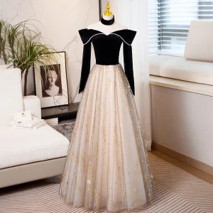 Charming Black Star Sequins Evening Dresses 2023 A Line Princess Pearl Off The Shoulder Long Sleeve Backless Floor Length Long Evening Party Formal Dresses
