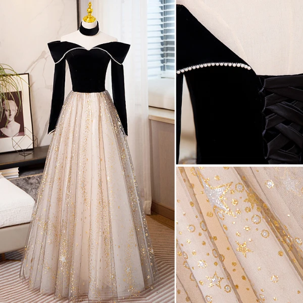 Charming Black Star Sequins Evening Dresses 2023 A-Line / Princess Pearl Off-The-Shoulder Long Sleeve Backless Floor-Length / Long Evening Party Formal Dresses
