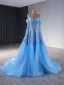 High-end Pool Blue Handmade  Beading Sequins Prom Dresses 2024 Ball Gown Off-The-Shoulder Long Sleeve Backless Court Train Prom Formal Dresses