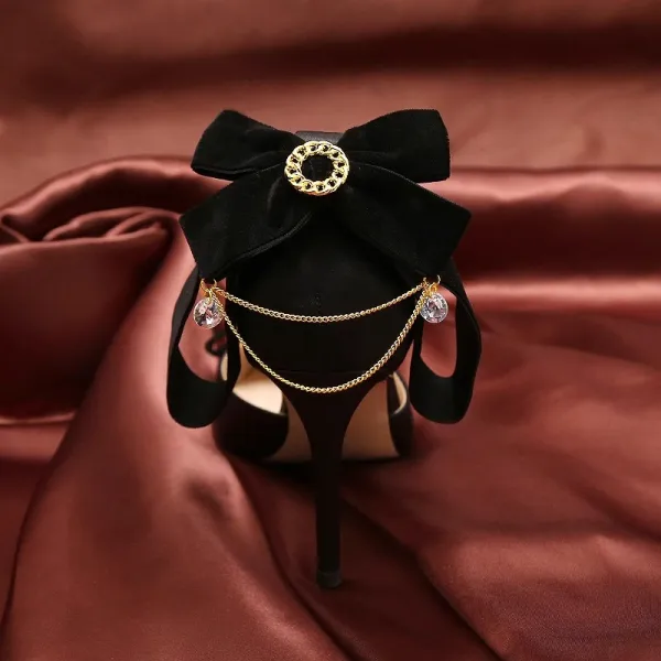 Vintage / Retro Black Rhinestone Bow Pumps 2024 Satin 9 cm Stiletto Heels Pointed Toe Pumps High Heels