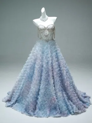Luxe Charmant Bleu Ciel Fait Main Perlage Faux Diamant Perle Appliques Robe De Bal 2025 Robe Boule Bustier Sans Manches Dos Nu Longue