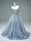Luxury / Gorgeous Charming Sky Blue Handmade  Beading Rhinestone Pearl Appliques Prom Dresses 2025 Ball Gown Strapless Sleeveless Backless Floor-Length / Long