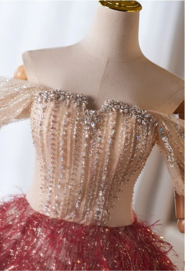 Fashion Red Beading Sequins Tassel Prom Dresses 2026 Ball Gown Off-The-Shoulder Short Sleeve Backless Floor-Length / Long Formal Dresses