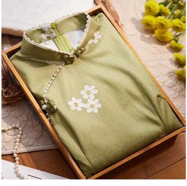 Chinese style Sage Green Floral Evening Party Cheongsam 2025 Trumpet / Mermaid High Neck Short Sleeve Floor-Length / Long Cheongsam / Qipao