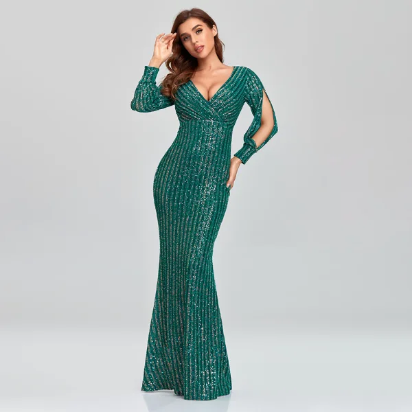 Sparkly Black Sequins Evening Dresses 2023 Trumpet / Mermaid V-Neck Long Sleeve Floor-Length / Long Evening Party Formal Dresses