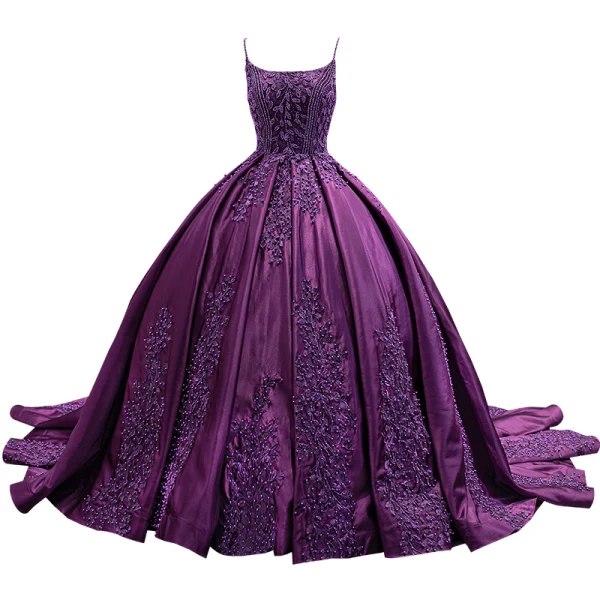 Vintage / Retro High-end Purple Beading Flower Lace Prom Dresses 2022 Ball Gown Spaghetti Straps Sleeveless Backless Court Train Prom Formal Dresses