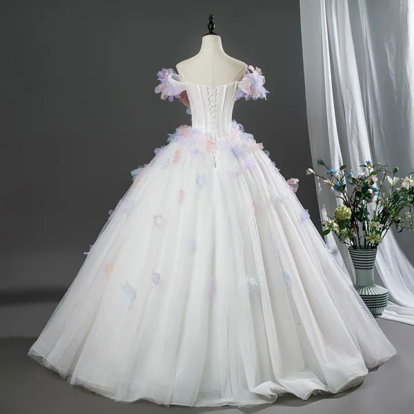 Blumenfee Multifarben Applikationen Weiß Ballkleider 2026 Ballkleid Rundhalsausschnitt Kurze Ärmel Rückenfreies Lange Festliche Kleider