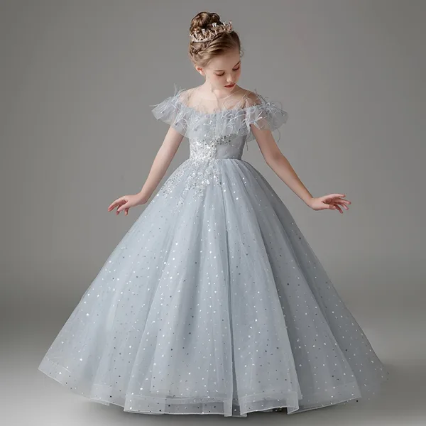 Chic / Beautiful Grey Sequins Tassel Birthday Flower Girl Dresses 2024 Ball Gown Scoop Neck Short Sleeve Backless Floor-Length / Long