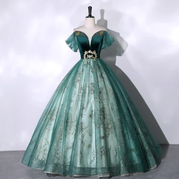 Élégant Vert Foncé Perlage Paillettes Robe De Bal 2023 Robe Boule De L Épaule Manches Courtes Dos Nu Longue Promo Robe De Ceremonie