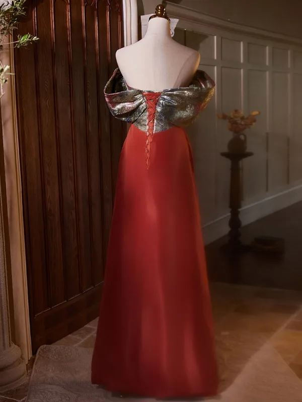 Chic / Beautiful Burgundy Glitter Prom Dresses 2024 A-Line / Princess Off-The-Shoulder Short Sleeve Backless Floor-Length / Long Prom Formal Dresses