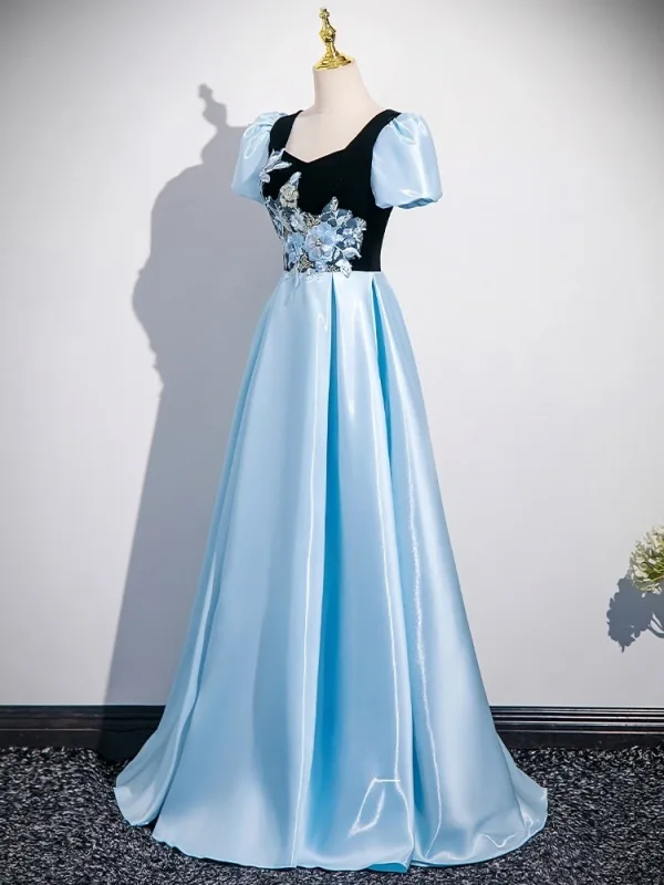 Élégant Bleu Ciel En Dentelle Fleur Robe De Bal 2025 Princesse Encolure Carrée Gonflée Manches Courtes Dos Nu Longue Robe De Ceremonie
